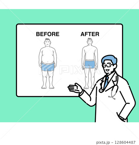 ダイエット結果を解説する医師のイラスト(ビフォーアフター図) ダイエット結果を解説する医師のイラスト(ビフォーアフター図) 128604487