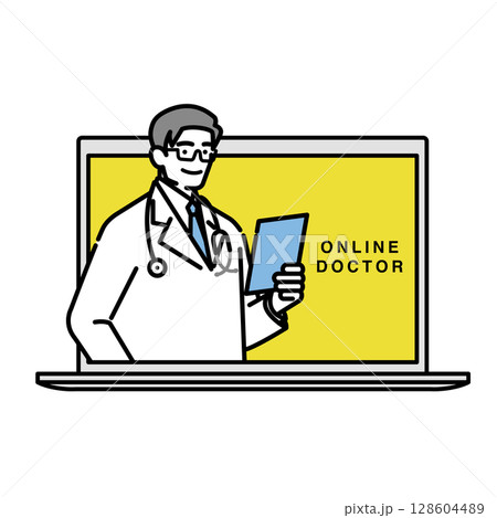 ノートPC画面に映るオンライン医師のイラスト（遠隔診療） 128604489