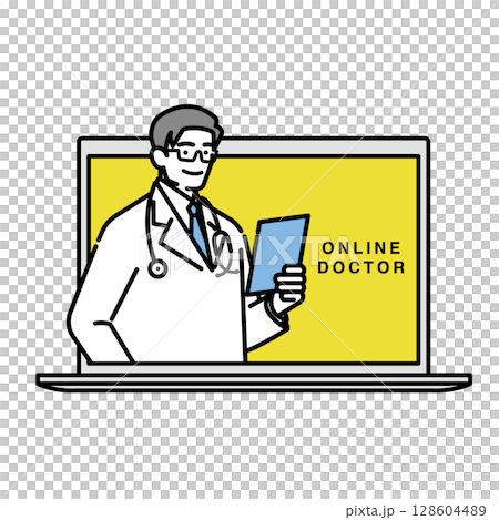 ノートPC画面に映るオンライン医師のイラスト（遠隔診療） 128604489