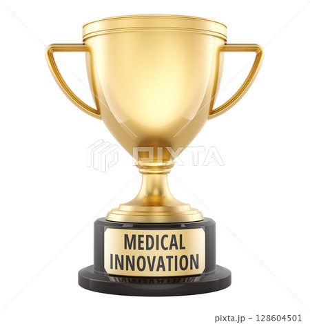 Medical Innovation golden trophy cup. 3D rendering Medical Innovation golden trophy cup. 3D rendering 128604501