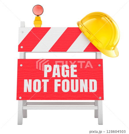 Page Not Found concept with construction barrier and helmet. 3D rendering 128604503