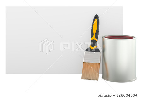 Paint brush and can with blank card, 3D rendering 128604504