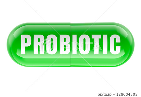 Probiotic capsule. 3D rendering Probiotic capsule. 3D rendering 128604505