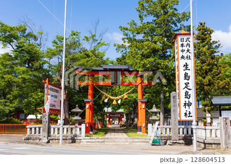 長野県上田市の春　日本の真ん中　新緑の生島足島神社 128604513
