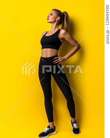 Young athletic girl standing in sportswear with hands on waist on bright background. Full length 128604580