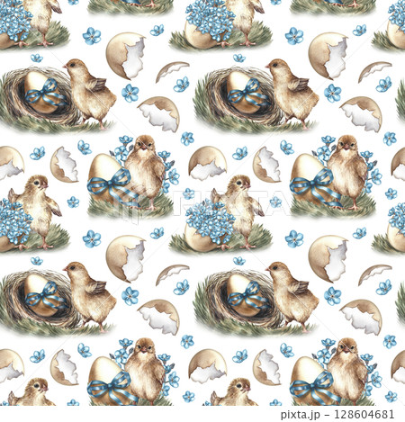 Easter seamless pattern with hatched chickens, decorated with nest eggs and flowers. The illustration is made in handmade watercolor. For textiles, prints, wrapping paper, napkins, tablecloths. 128604681