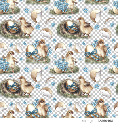 Easter seamless pattern with hatched chickens, decorated with nest eggs and flowers. The illustration is made in handmade watercolor. For textiles, prints, wrapping paper, napkins, tablecloths. 128604681