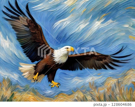 飛翔する鷲の油絵風イラスト 128604686