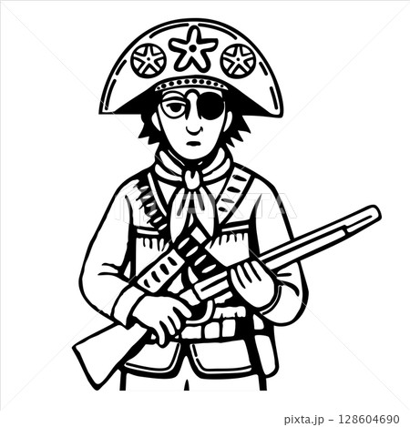 Cangaceiro Lampiao. Bandit, folk hero of Brazil. Brazilian cordel style. Northeastern Brazil. Vector isolated monochrome illustration 128604690