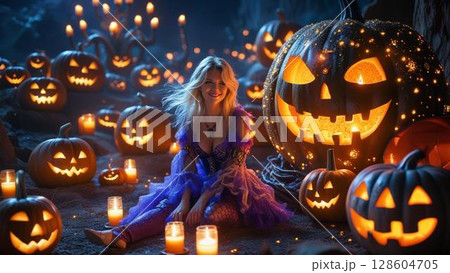 ハロウィンのかぼちゃを楽しむ美女 128604705