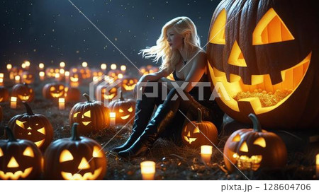 ハロウィンのかぼちゃと綺麗な女性 128604706