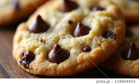 Golden Chocolate Chip Cookie with Melted Peaks on Rustic Wooden Background 128604915