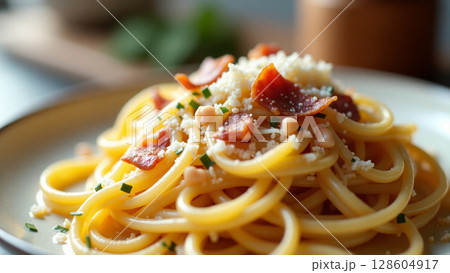 Creamy Carbonara Pasta with Crispy Bacon and Freshly Grated Parmesan Creamy Carbonara Pasta with Crispy Bacon and Freshly Grated Parmesan 128604917