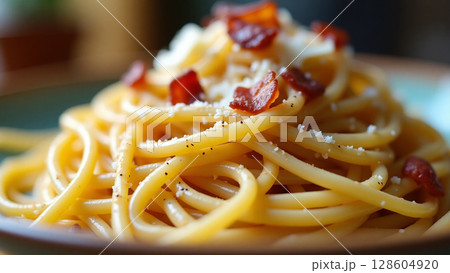 Creamy Italian Carbonara with Crispy Bacon and Parmesan Shavings 128604920
