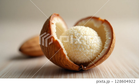 Close-up of cracked almond shell revealing a textured creamy kernel on soft neutral background 128604922