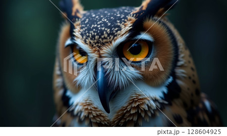 Intense Owl Gaze with Detailed Feathers and Piercing Yellow Eyes in Night Forest 128604925