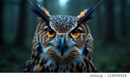 Striking Owl Portrait with Textured Feathers and Hypnotic Yellow Eyes 128604926