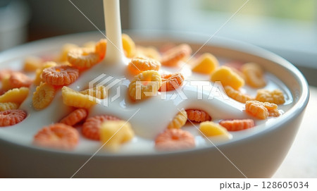 Colorful Cereal Rings with Fresh Milk Pour 128605034