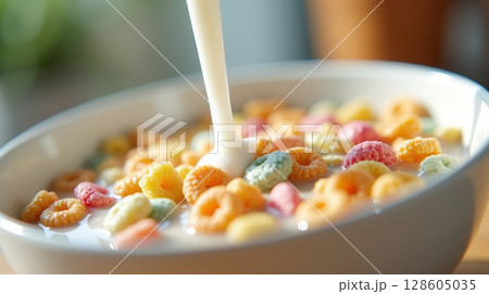 Vibrant Breakfast Cereal with Milk Stream 128605035