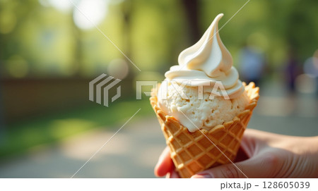 Macro Closeup of Ice Cream Scoop in Waffle Cone under Summer Daylight 128605039