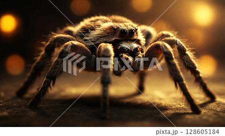 Close-Up of Tarantula in Dramatic Lighting with Detailed Leg Hairs and Warm Bokeh Background	 128605184