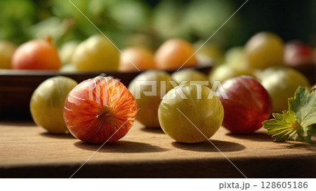 Macro Detail of Translucent Gooseberries on Wooden Table with Natural Warm Lighting Macro Detail of Translucent Gooseberries on Wooden Table with Natural Warm Lighting	 128605186