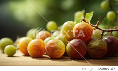 Gooseberry Ripe Macro Translucent Skin and Sunlit Seeds on Wooden Surface	 128605187