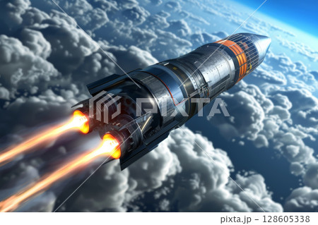 A rocket soars from Earth into space, science concept. Generative AI A rocket soars from Earth into space, science concept. Generative AI 128605338