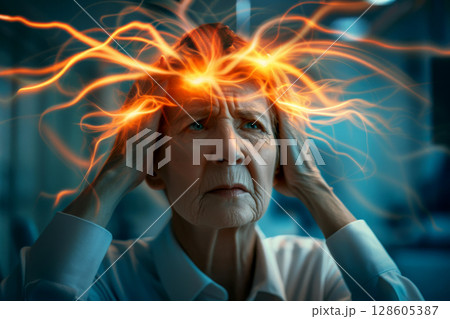 Havana syndrome, elder woman with migraine or headache holding her head due to pain, . generative Ai 128605387