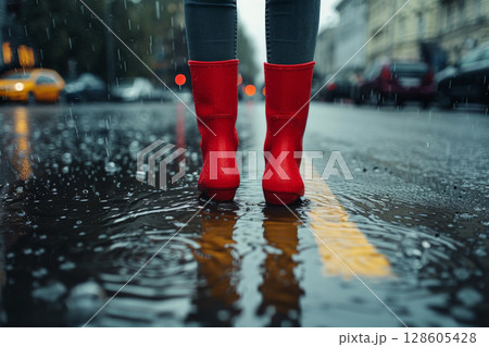 feet in rubber boots rain puddle on road city background . ai generative 128605428