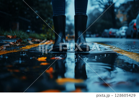 feet in rubber boots rain puddle on road city background . ai generative 128605429