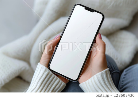 hand woman playing smart phone with Blank advertising mockup screen for advertainment. generative AI. 128605430