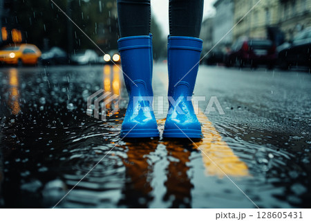 feet in rubber boots rain puddle on road city background . ai generative 128605431