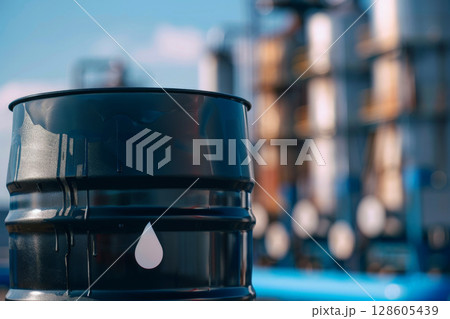 Black oil barrel formed by metal with a oil industry background , and big copy space, Generative AI. Black oil barrel formed by metal with a oil industry background , and big copy space, Generative AI. 128605439