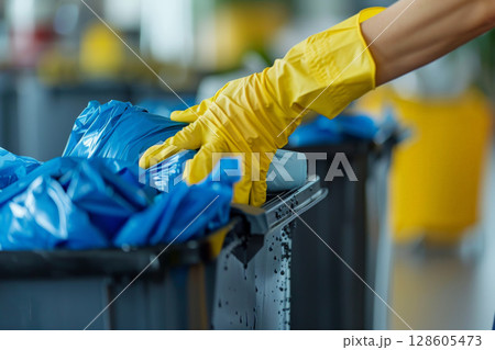 gloved hands woman throwing garbage into a trash can. Generative AI 128605473