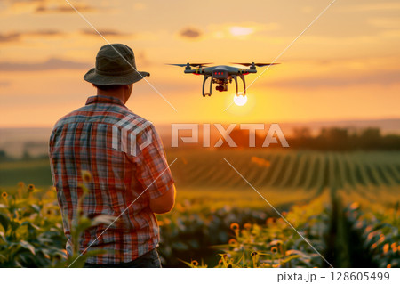 Man controlling drone in smart agriculture farm, smart farm concept. ai generative 128605499