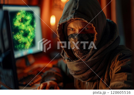 Scammer behind a laptop, notebook. AI generated 128605516