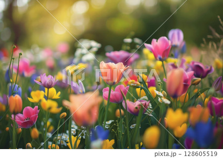 Spring flowers on sunlight flare on the background . generative ai 128605519