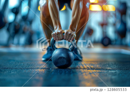 a man using a kettlebell for training. generative ai a man using a kettlebell for training. generative ai 128605533
