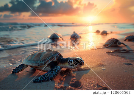 baby turtles on the sandy beach and crawl to the ocean. Generative AI baby turtles on the sandy beach and crawl to the ocean. Generative AI 128605562