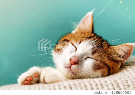 Cat in weird sleeping position, generated with AI 128605590