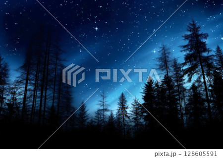 a pine trees under the sky with Northern lights. ai generative 128605591
