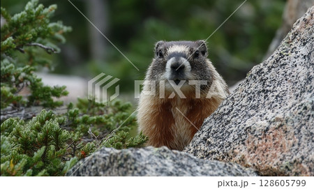 Curious wild marmot peeking from behind a gray rock in nature, observing. 128605799