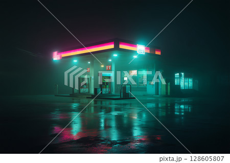 夜霧に浮かぶネオンのガソリンスタンド｜孤独とノスタルジーを感じる幻想的な風景 128605807