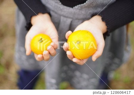 小さな手でそれぞれ異なるサイズのみかんを持つ様子を撮影した写真。子どもの視点と素朴な日常を感じられる 128606417