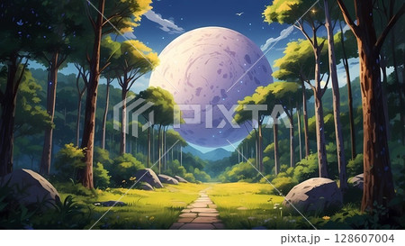ゲーム背景　巨大な月のような惑星が見える森の道 128607004