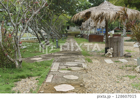 Tropical stone path leading through a lush garden with frangipani trees and fallen blossoms. Features a large thatched umbrella, outdoor lights, and rustic seating areas, evoking a serene resort. Tropical stone path leading through a lush garden with frangipani trees and fallen blossoms. Features a large thatched umbrella, outdoor lights, and rustic seating areas, evoking a serene resort. 128607015