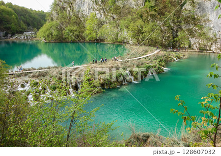 upper view of Plitvice Lakes National Park. spectacular waterfalls, lakes and flora in Croatia 128607032