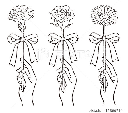 リボンがついた一輪の花を持つ手の線画イラスト 128607144
