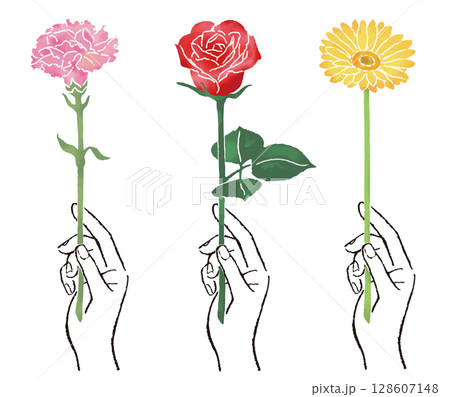 カラフルな一輪の花を持つ手のイラスト 128607148